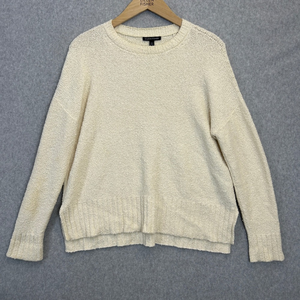 Eileen Fisher XXS Boxy Sweater Cream Organic Cotton Slub Knit Crew Neck READ